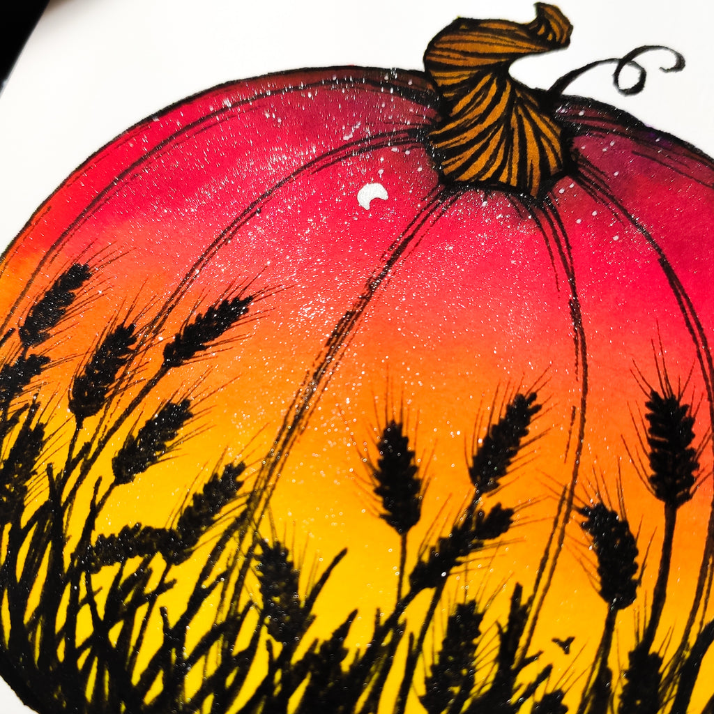 Closeup of hand embellished glitter added to the limited edition Autumn Pumpkin giclee art print