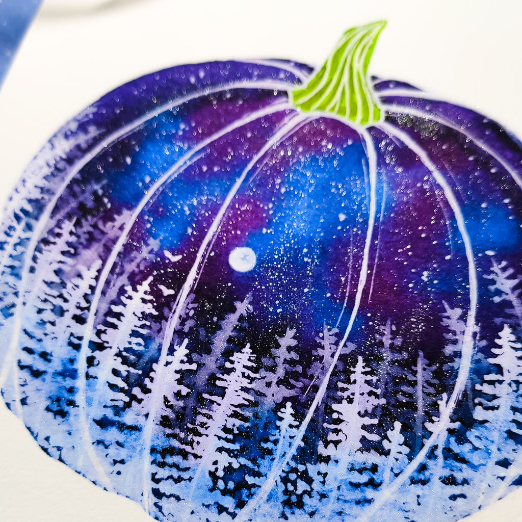 Closeup of hand embellished glitter added to the limited edition Winter Pumpkin giclee art print