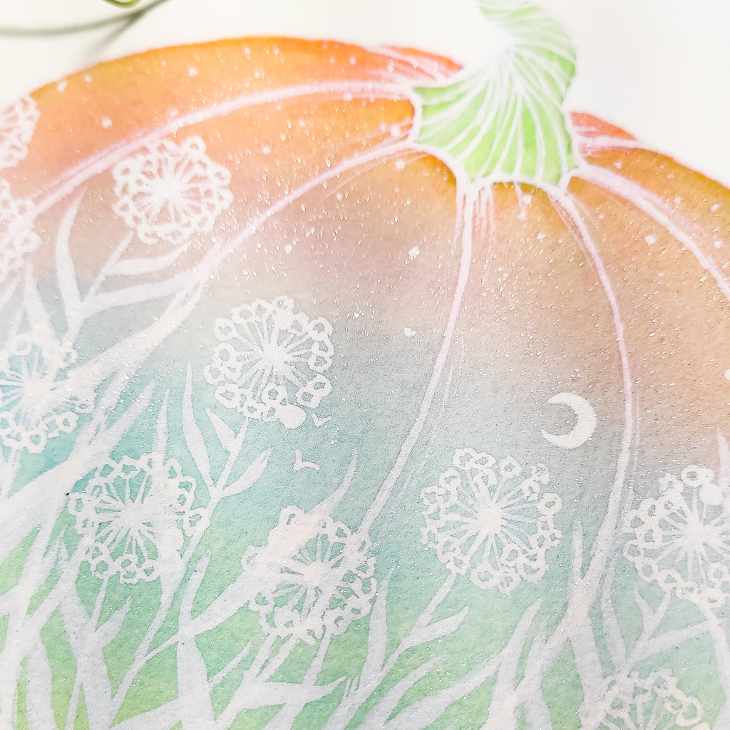 Closeup of hand embellished glitter added to the limited edition Spring Pumpkin giclee art print