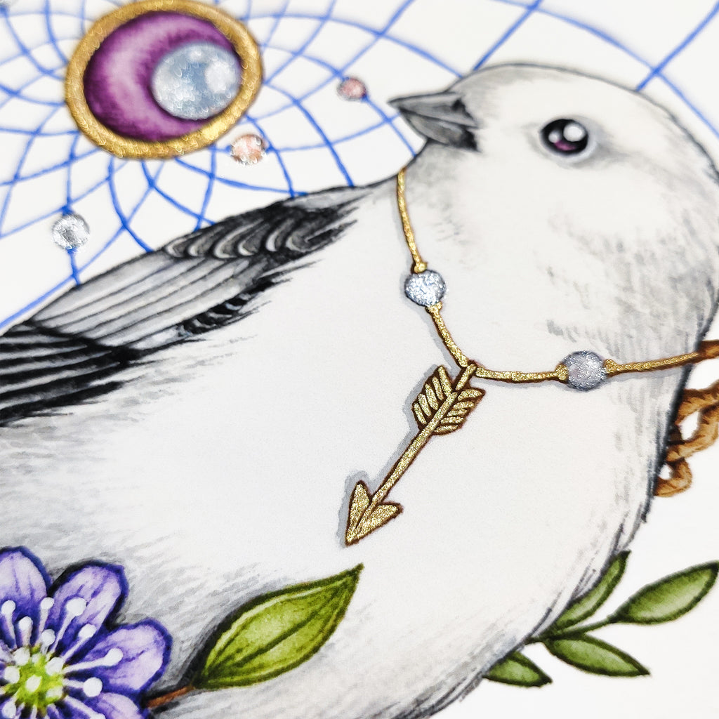 Closeup of hand embellishment of limited edition Nocturne's Light brid giclee art print 