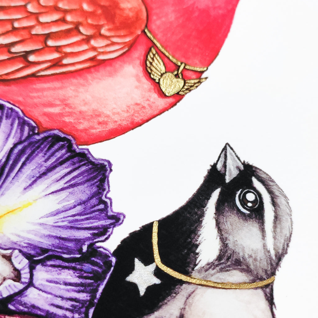 Closeup of hand embellishment of limited edition Illustrious Crescendo brid giclee art print 