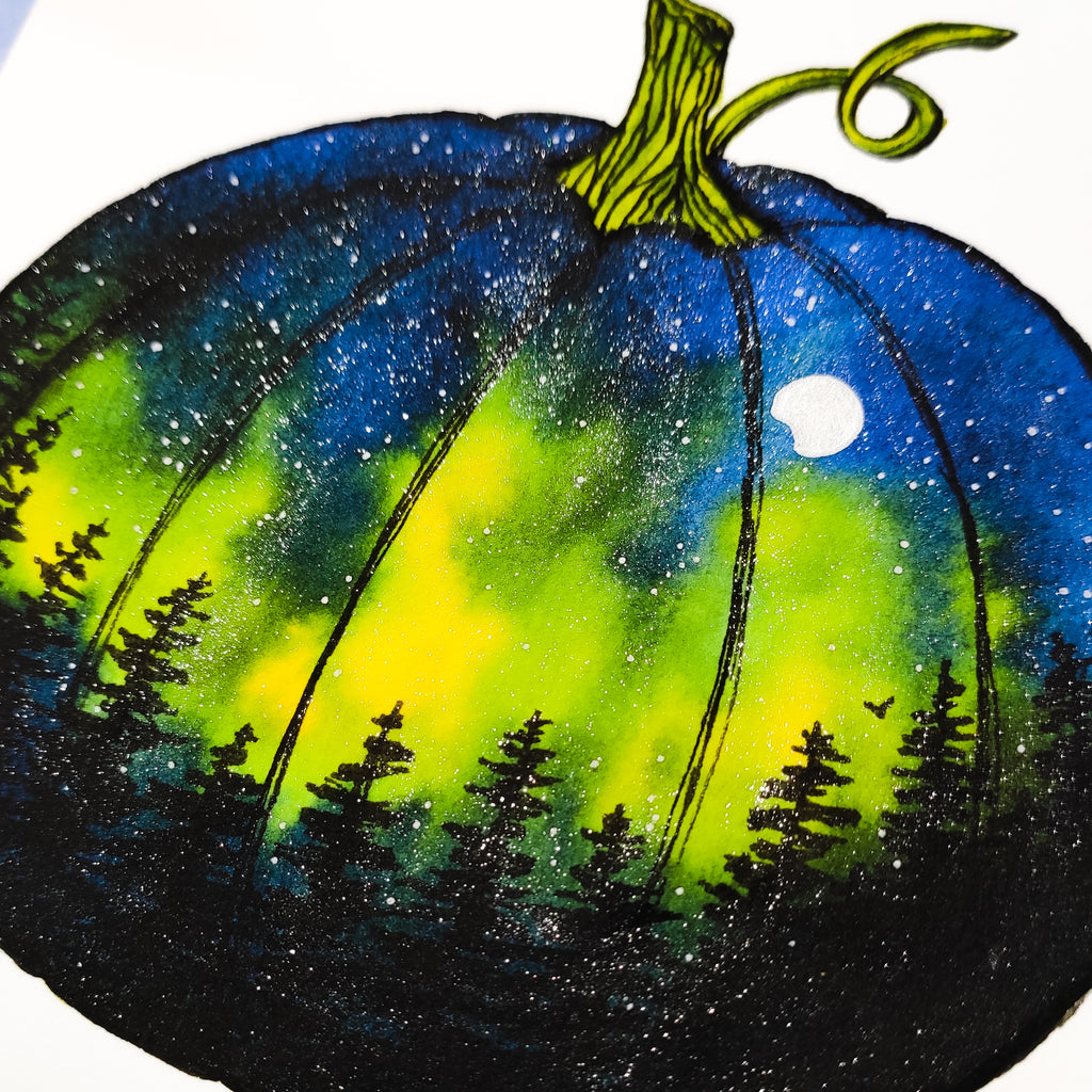 Closeup of hand embellished glitter added to the limited edition Summer Pumpkin giclee art print