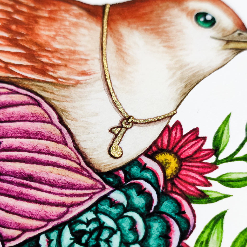 Closeup of hand embellishment of limited edition Eventide Rhapsody brid giclee art print