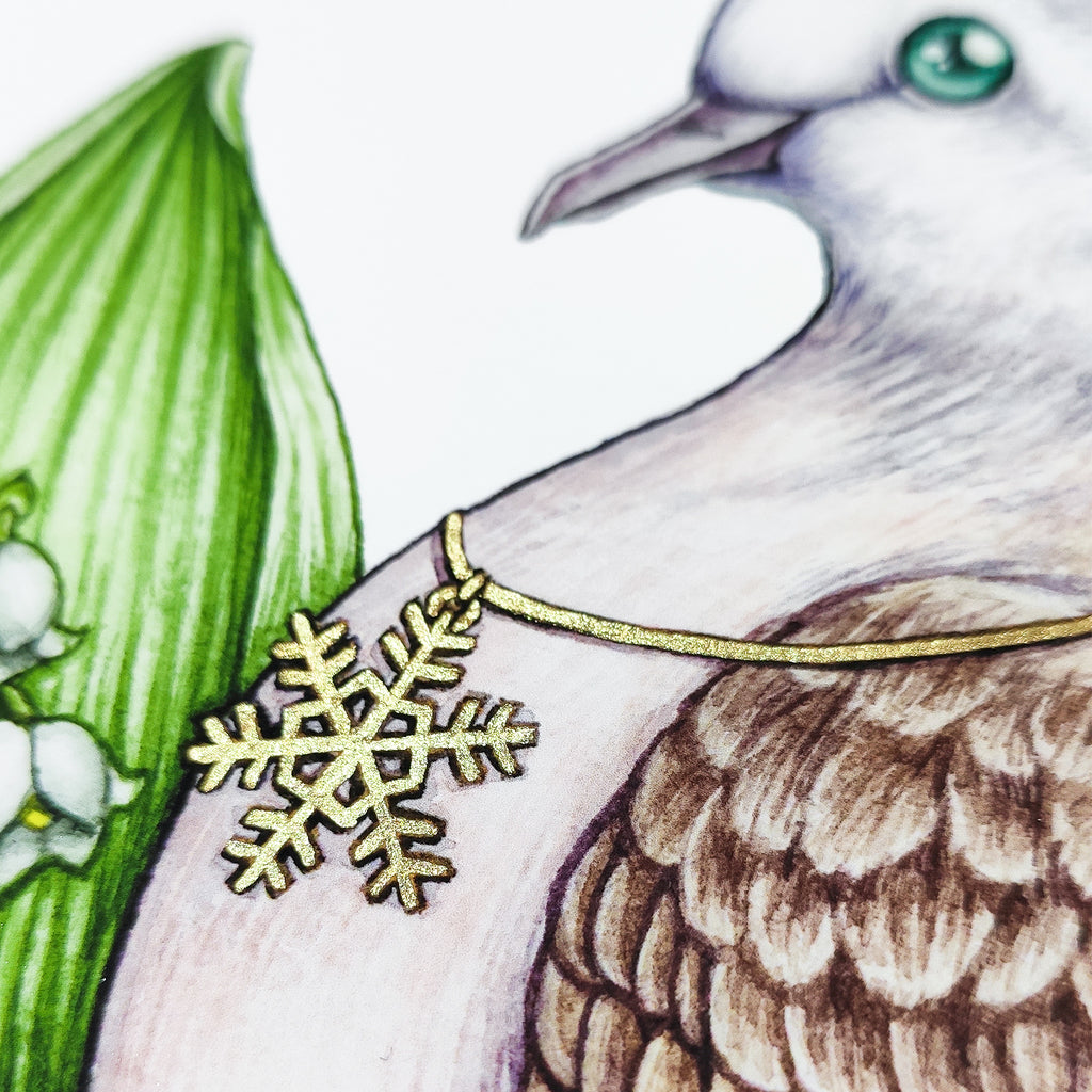 Closeup of hand embellishment of limited edition Song's Cadence brid giclee art print